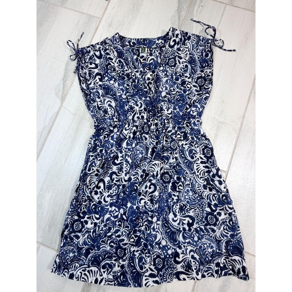 Lauren Ralph Lauren Blue White Paisley Cotton Empire Waist Tie Shoulder Dress M